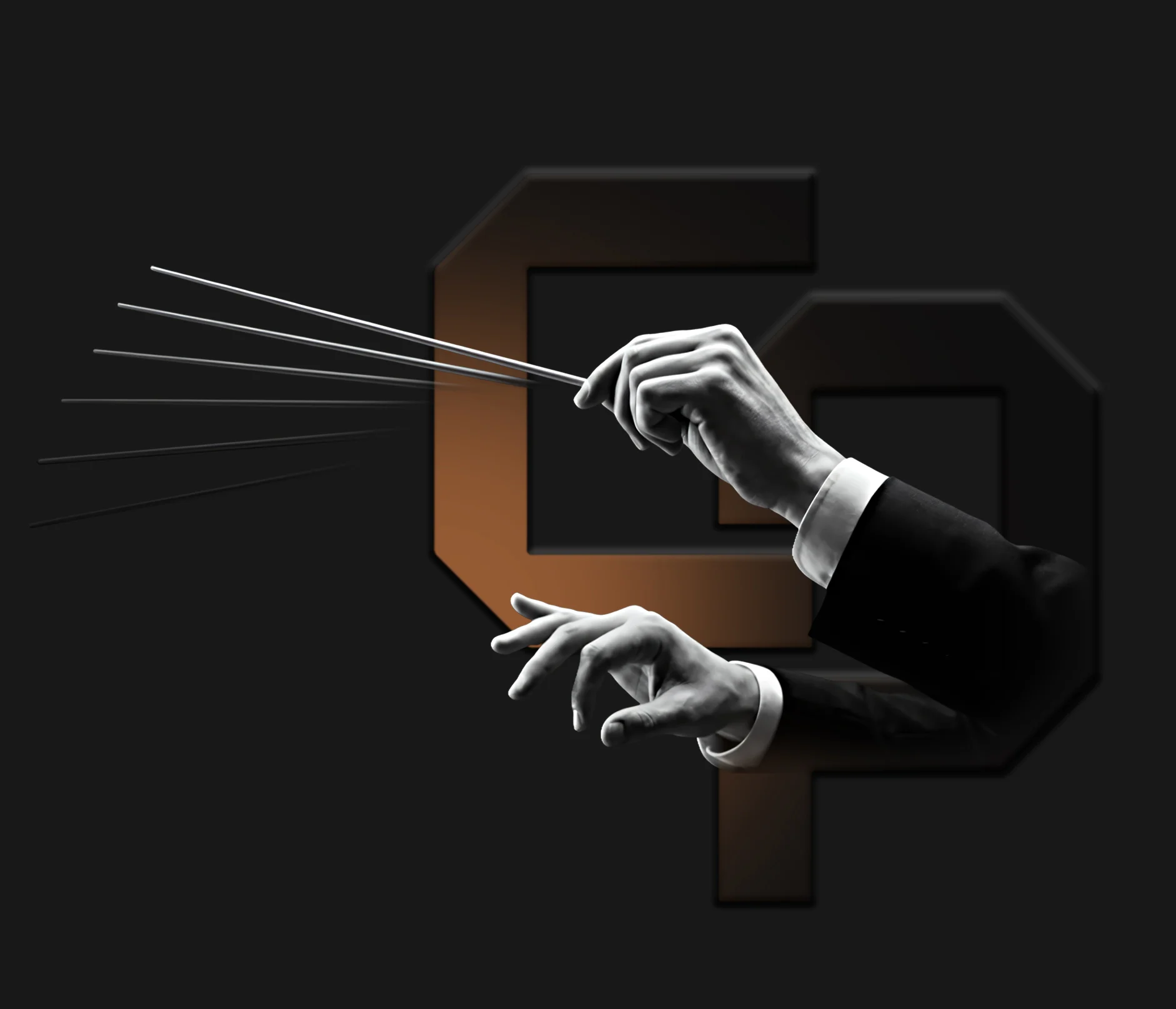Conductor's hands raising a baton in front of the Concept Plus CP monogram
