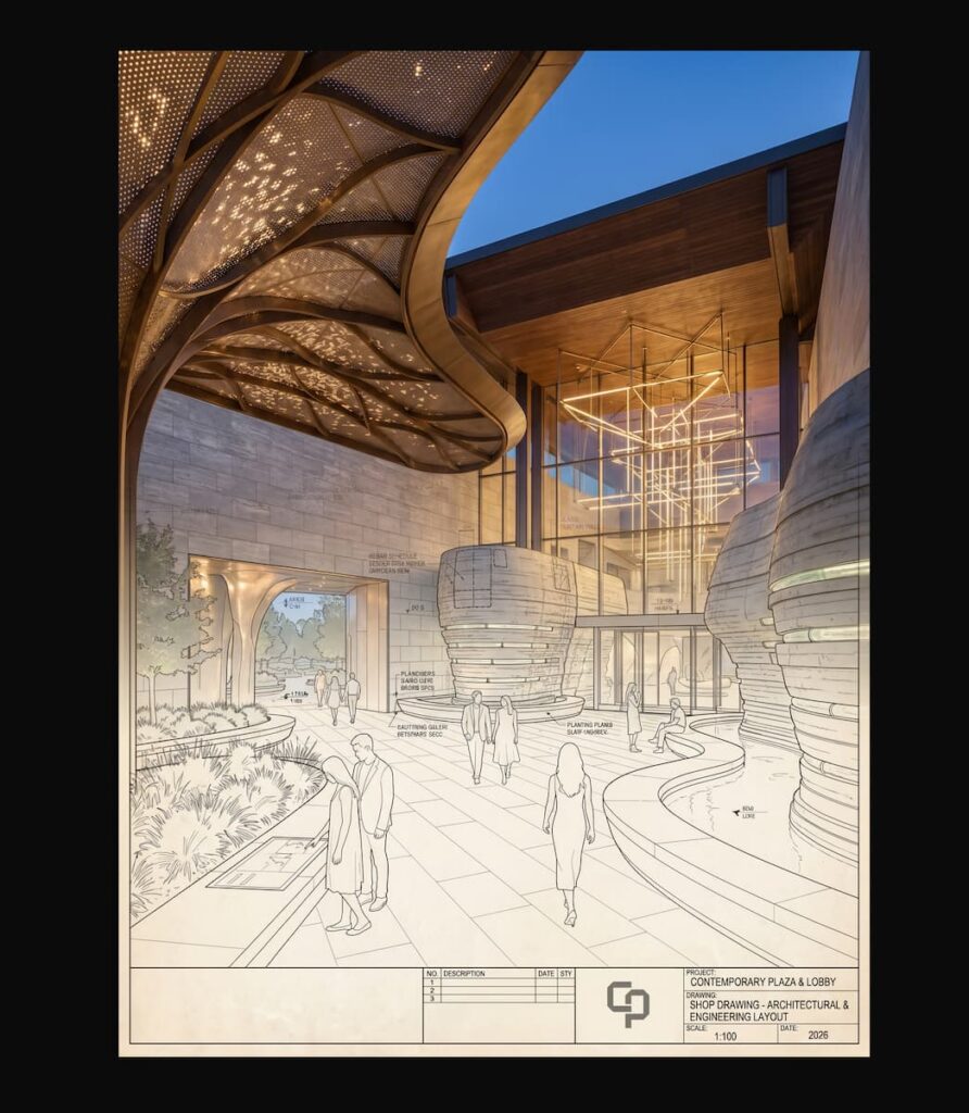 Half line-drawing, half render of a plaza lobby with a branching canopy, titled Contemporary Plaza & Lobby