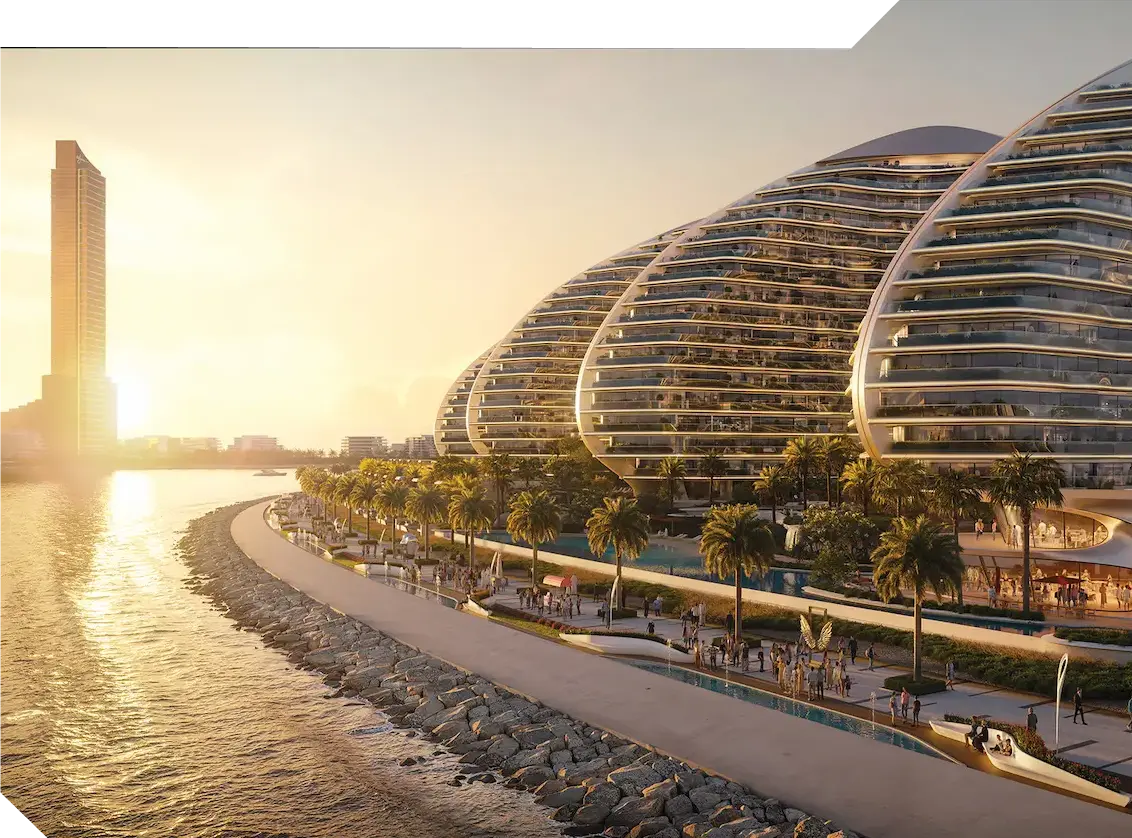 Rendering of curved shell-shaped residential buildings behind a palm-lined waterfront promenade at sunset