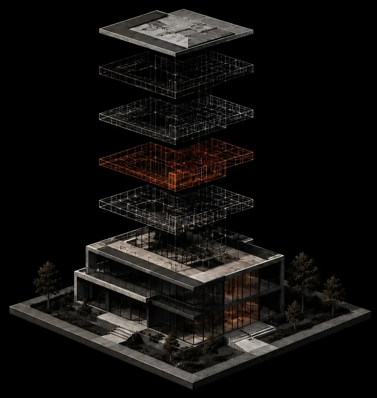 Exploded axonometric render of a building with wireframe floor plates lifted above it, one in orange